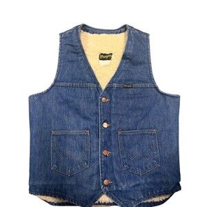 Vintage Wrangler No Fault Made in USA Sherpa Lined Blue Denim Vest Size Large